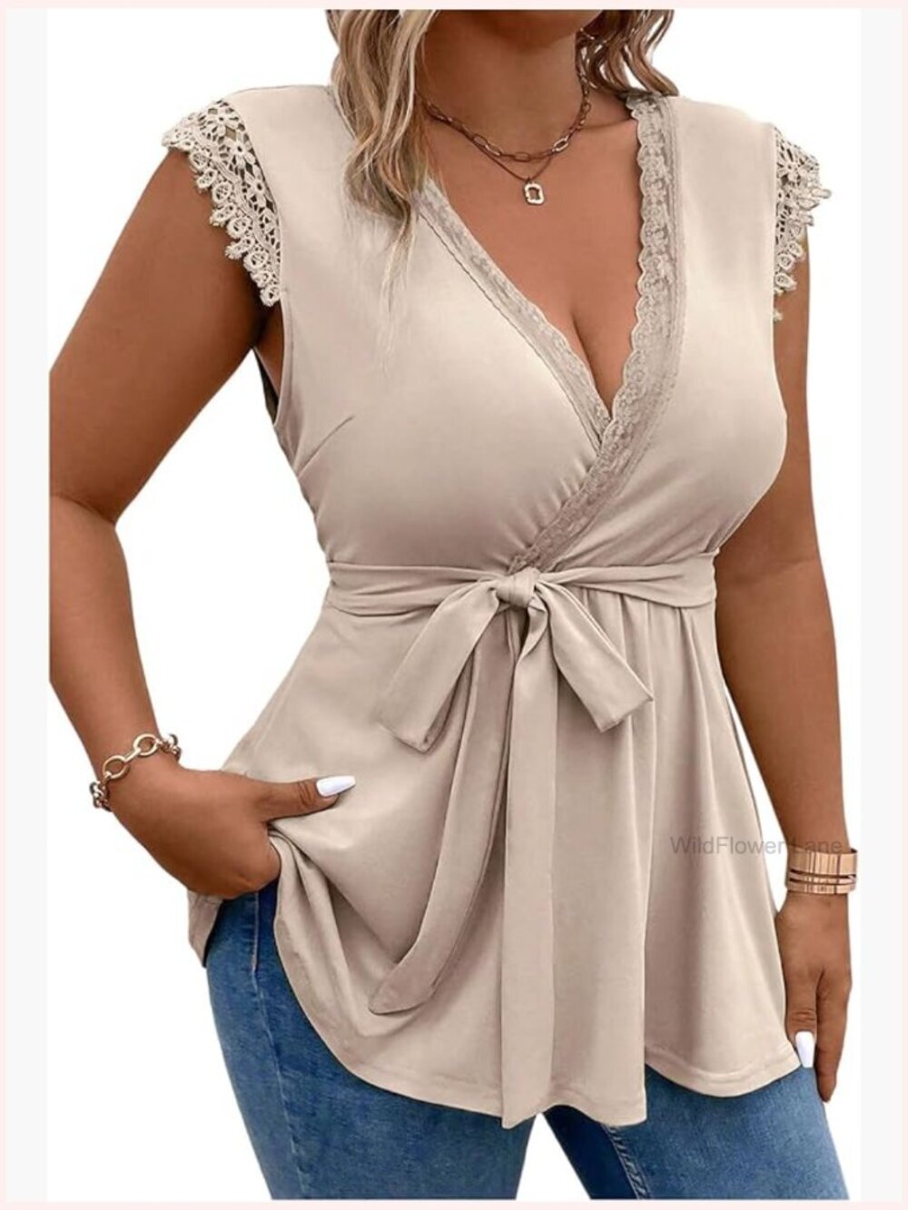 Plus Size Lace Trim Cap Sleeve Wrap V Neck Peplum Top